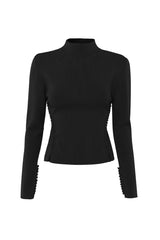 Windsor Knit Top Black by Mossman - slim fit knit top with extended neckline and button detail, designed for a refined modern silhouette.