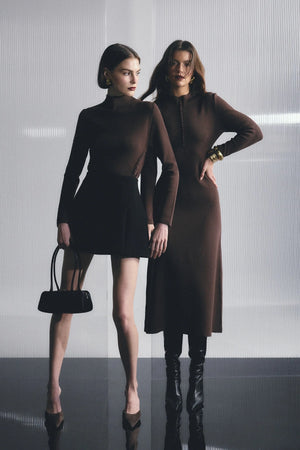 Windsor Knit Top Chocolate by Mossman - slim fit knit top with extended neckline and button detail, designed for a refined modern silhouette.