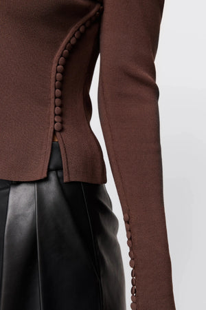 Windsor Knit Top Chocolate by Mossman - slim fit knit top with extended neckline and button detail, designed for a refined modern silhouette.