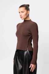 Windsor Knit Top Chocolate by Mossman - slim fit knit top with extended neckline and button detail, designed for a refined modern silhouette.