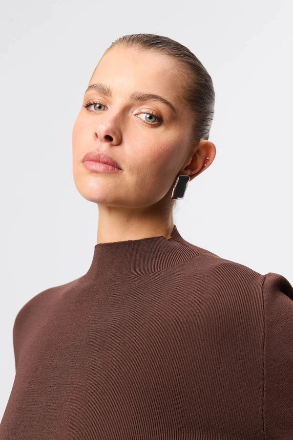 Windsor Knit Top Chocolate by Mossman - slim fit knit top with extended neckline and button detail, designed for a refined modern silhouette.