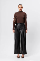 Windsor Knit Top Chocolate by Mossman - slim fit knit top with extended neckline and button detail, designed for a refined modern silhouette.