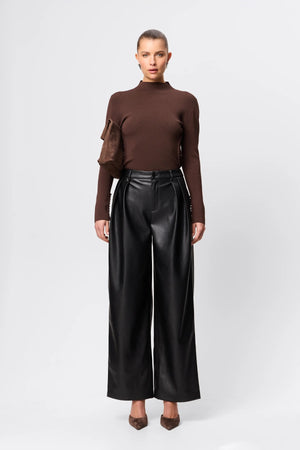 Windsor Knit Top Chocolate by Mossman - slim fit knit top with extended neckline and button detail, designed for a refined modern silhouette.