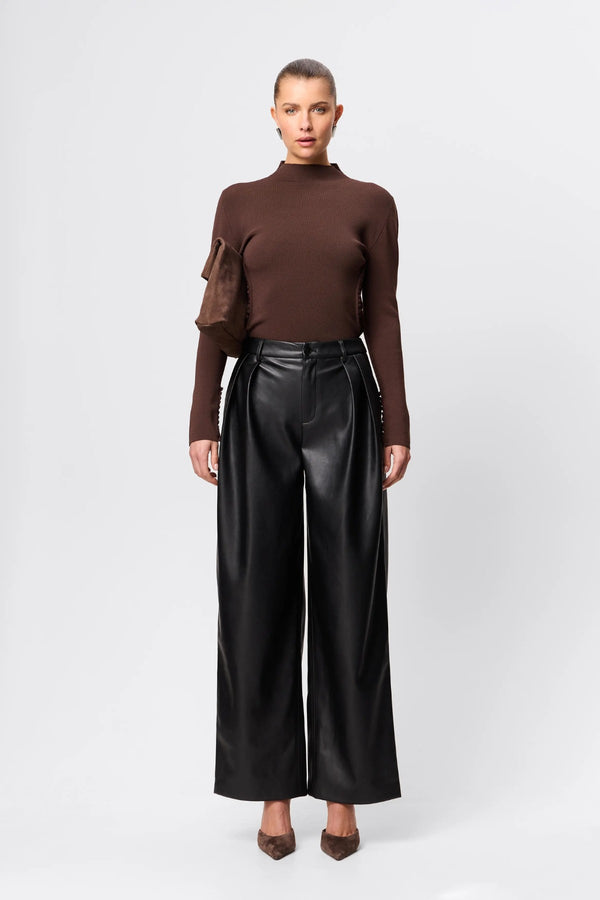 Windsor Knit Top Chocolate by Mossman - slim fit knit top with extended neckline and button detail, designed for a refined modern silhouette.