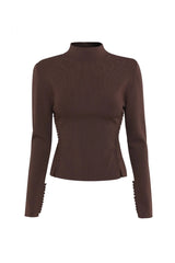 Windsor Knit Top Chocolate by Mossman - slim fit knit top with extended neckline and button detail, designed for a refined modern silhouette.