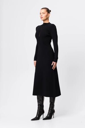 Windsor Midi Dress Chocolate by Mossman - high neck midi dress with button detail and A line shape, designed for a refined modern silhouette.