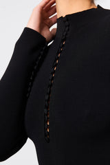 Windsor Midi Dress Black by Mossman - high neck midi dress with button detail and A line shape, designed for a refined modern silhouette.
