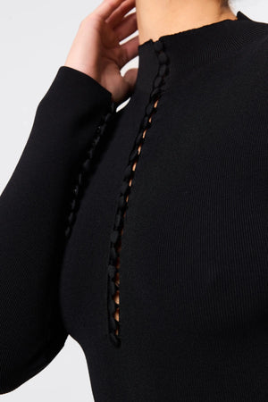 Windsor Midi Dress Black by Mossman - high neck midi dress with button detail and A line shape, designed for a refined modern silhouette.