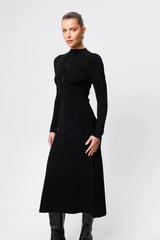 Windsor Midi Dress Black by Mossman - high neck midi dress with button detail and A line shape, designed for a refined modern silhouette.