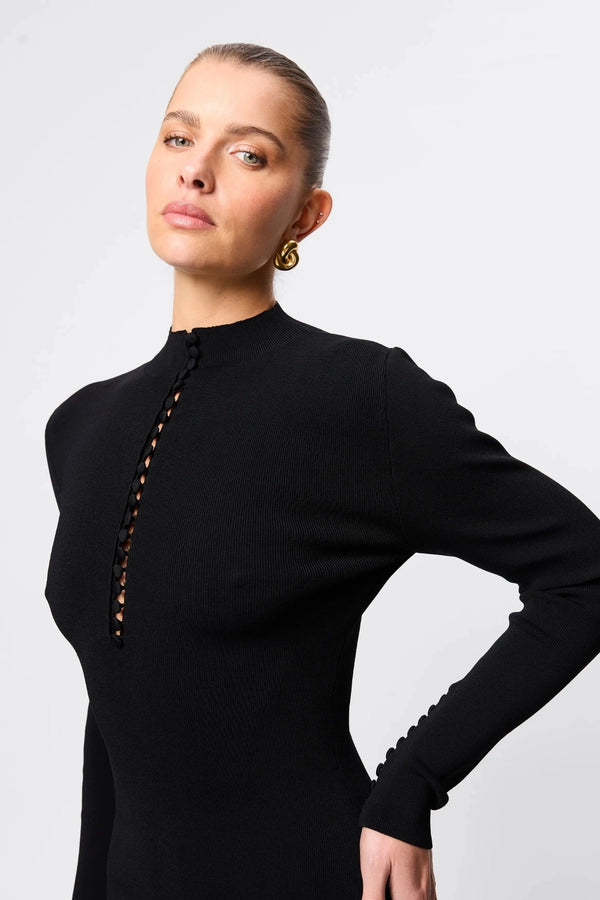 Windsor Midi Dress Black by Mossman - high neck midi dress with button detail and A line shape, designed for a refined modern silhouette.