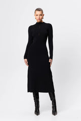 Windsor Midi Dress Black by Mossman - high neck midi dress with button detail and A line shape, designed for a refined modern silhouette.