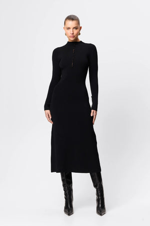 Windsor Midi Dress Black by Mossman - high neck midi dress with button detail and A line shape, designed for a refined modern silhouette.