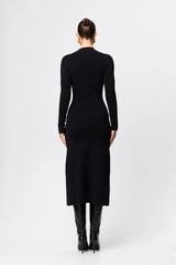 Windsor Midi Dress Black by Mossman - high neck midi dress with button detail and A line shape, designed for a refined modern silhouette.