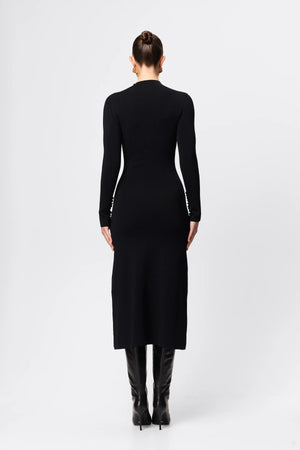 Windsor Midi Dress Black by Mossman - high neck midi dress with button detail and A line shape, designed for a refined modern silhouette.