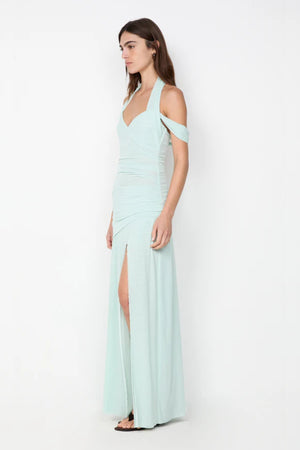 Winnie Halter Maxi Dress by Bec + Bridge, a stretch mesh gown with draped off-shoulder straps, gathered waist, and high front split for modern elegance.