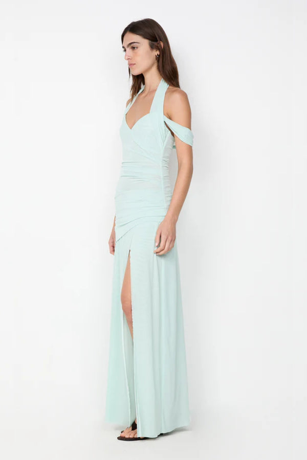 Winnie Halter Maxi Dress by Bec + Bridge, a stretch mesh gown with draped off-shoulder straps, gathered waist, and high front split for modern elegance.