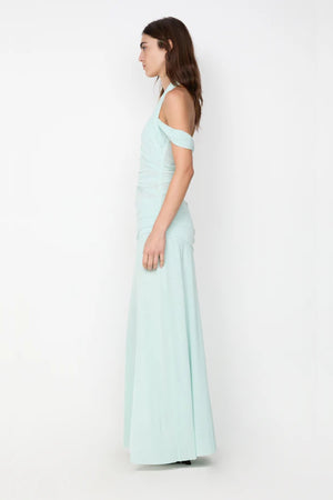 Winnie Halter Maxi Dress by Bec + Bridge, a stretch mesh gown with draped off-shoulder straps, gathered waist, and high front split for modern elegance.