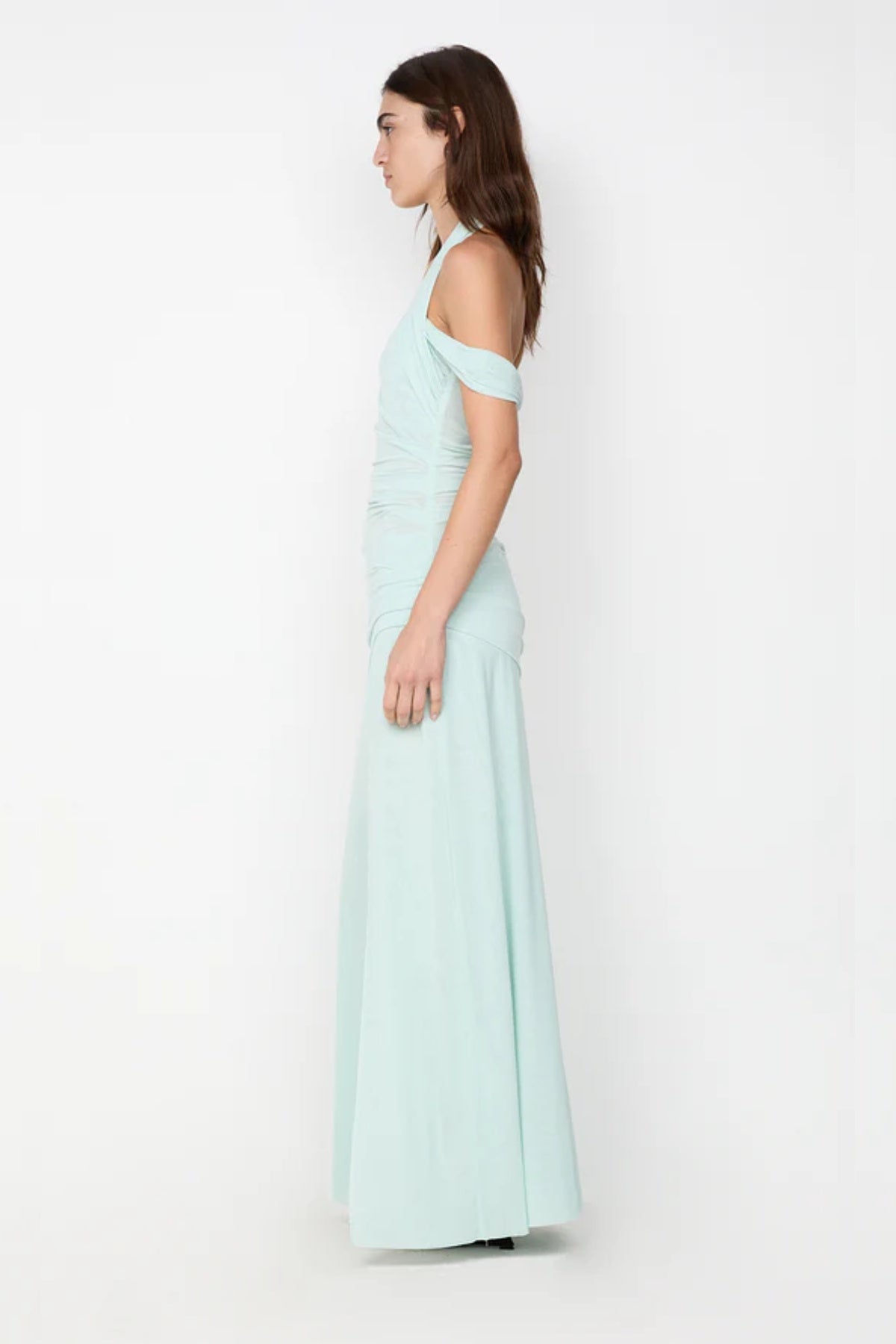 Winnie Halter Maxi Dress by Bec + Bridge, a stretch mesh gown with draped off-shoulder straps, gathered waist, and high front split for modern elegance.