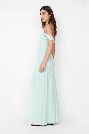Winnie Halter Maxi Dress by Bec + Bridge, a stretch mesh gown with draped off-shoulder straps, gathered waist, and high front split for modern elegance.