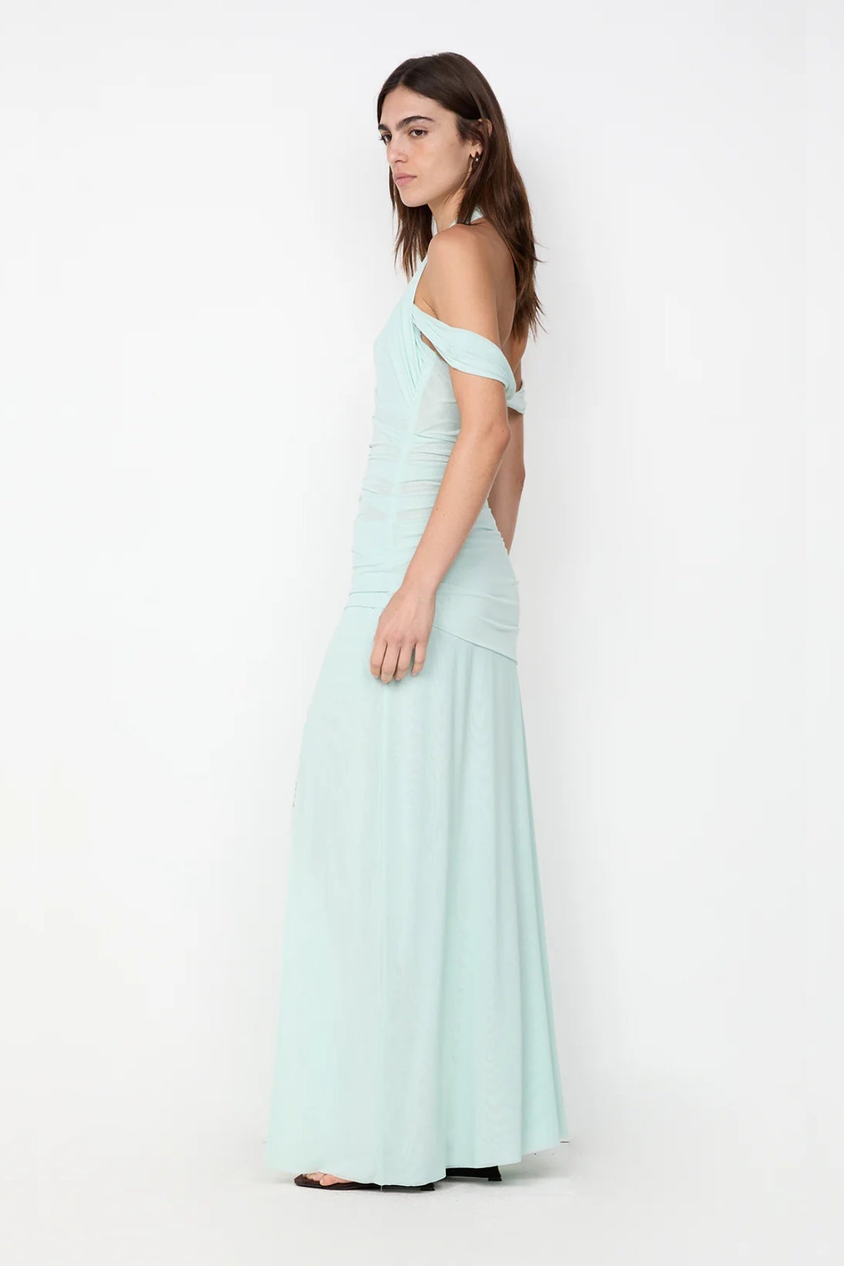 Winnie Halter Maxi Dress by Bec + Bridge, a stretch mesh gown with draped off-shoulder straps, gathered waist, and high front split for modern elegance.