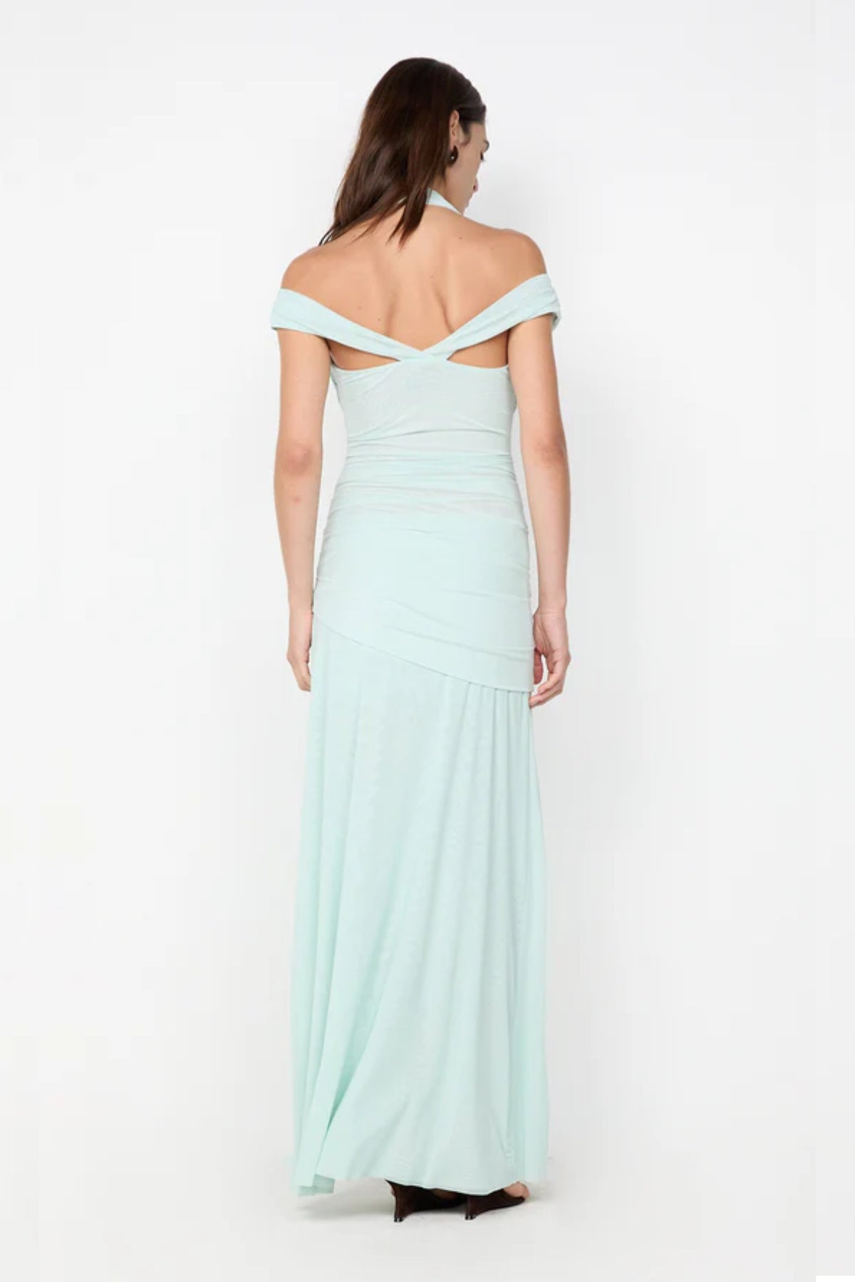 Winnie Halter Maxi Dress by Bec + Bridge, a stretch mesh gown with draped off-shoulder straps, gathered waist, and high front split for modern elegance.