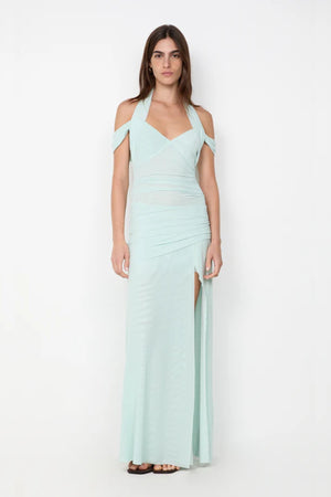 Winnie Halter Maxi Dress by Bec + Bridge, a stretch mesh gown with draped off-shoulder straps, gathered waist, and high front split for modern elegance.