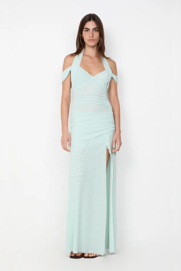 Winnie Halter Maxi Dress by Bec + Bridge, a stretch mesh gown with draped off-shoulder straps, gathered waist, and high front split for modern elegance.