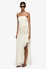 Winslow Strapless Asym Dress Buttercream by Bec + Bridge – a strapless maxi with ruched detail. Perfect for event styling.