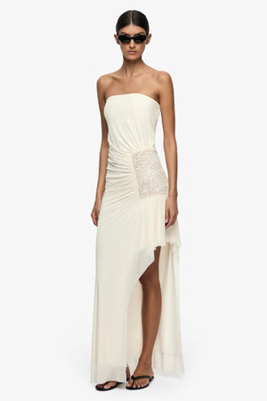 Winslow Strapless Asym Dress Buttercream by Bec + Bridge – a strapless maxi with ruched detail. Perfect for event styling.