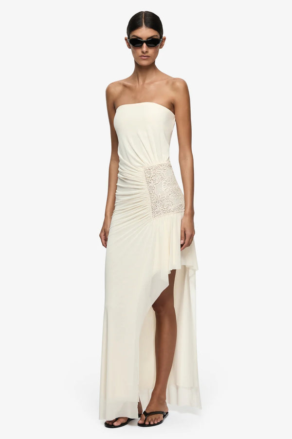 Winslow Strapless Asym Dress Buttercream by Bec + Bridge – a strapless maxi with ruched detail. Perfect for event styling.
