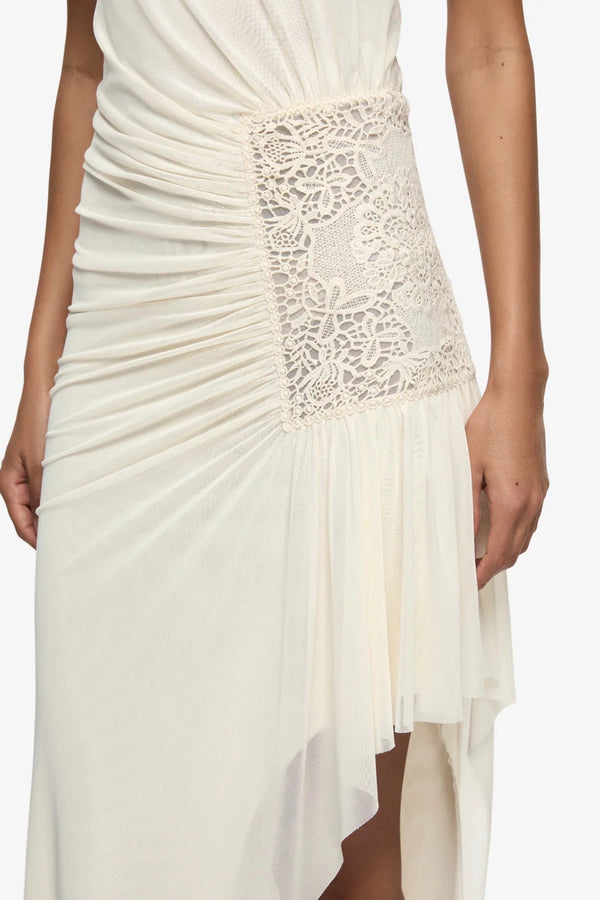 Winslow Strapless Asym Dress Buttercream by Bec + Bridge – a strapless maxi with ruched detail. Perfect for event styling.