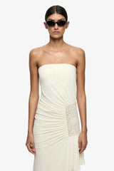 Winslow Strapless Asym Dress Buttercream by Bec + Bridge – a strapless maxi with ruched detail. Perfect for event styling.