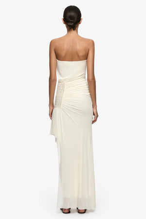 Winslow Strapless Asym Dress Buttercream by Bec + Bridge – a strapless maxi with ruched detail. Perfect for event styling.