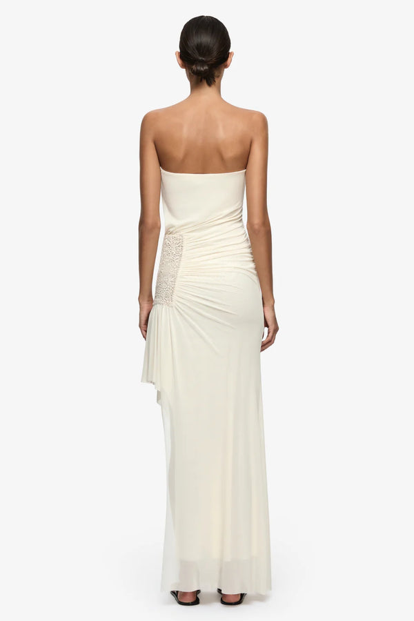 Winslow Strapless Asym Dress Buttercream by Bec + Bridge – a strapless maxi with ruched detail. Perfect for event styling.