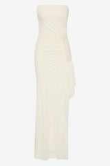 Winslow Strapless Asym Dress Buttercream by Bec + Bridge – a strapless maxi with ruched detail. Perfect for event styling.