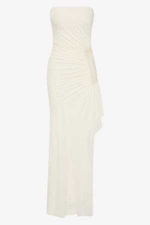 Winslow Strapless Asym Dress Buttercream by Bec + Bridge – a strapless maxi with ruched detail. Perfect for event styling.