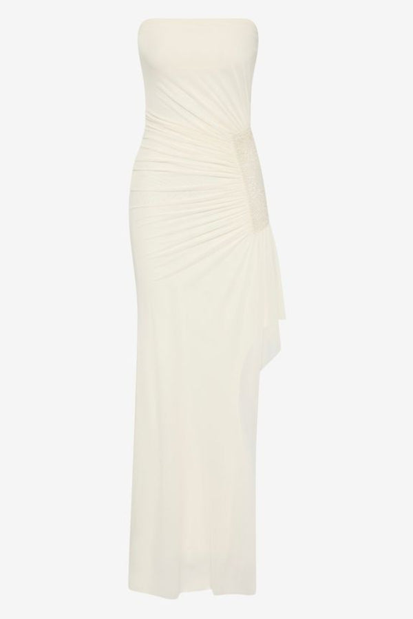 Winslow Strapless Asym Dress Buttercream by Bec + Bridge – a strapless maxi with ruched detail. Perfect for event styling.