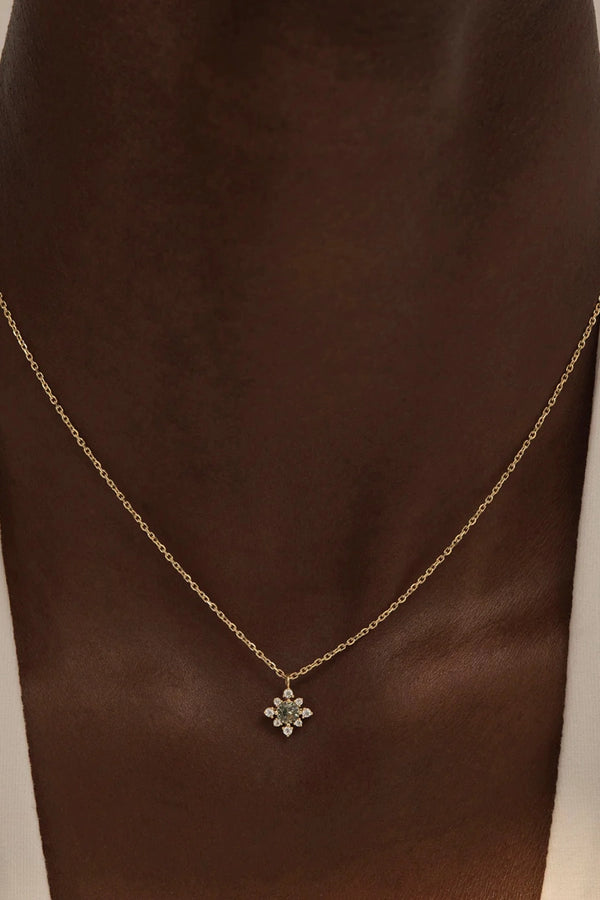 With Grace, I Rise Necklace by By Charlotte – 18k gold vermeil necklace with green tourmaline floral pendant and cubic zirconias.