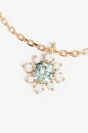 With Grace, I Rise Necklace by By Charlotte – 18k gold vermeil necklace with green tourmaline floral pendant and cubic zirconias.