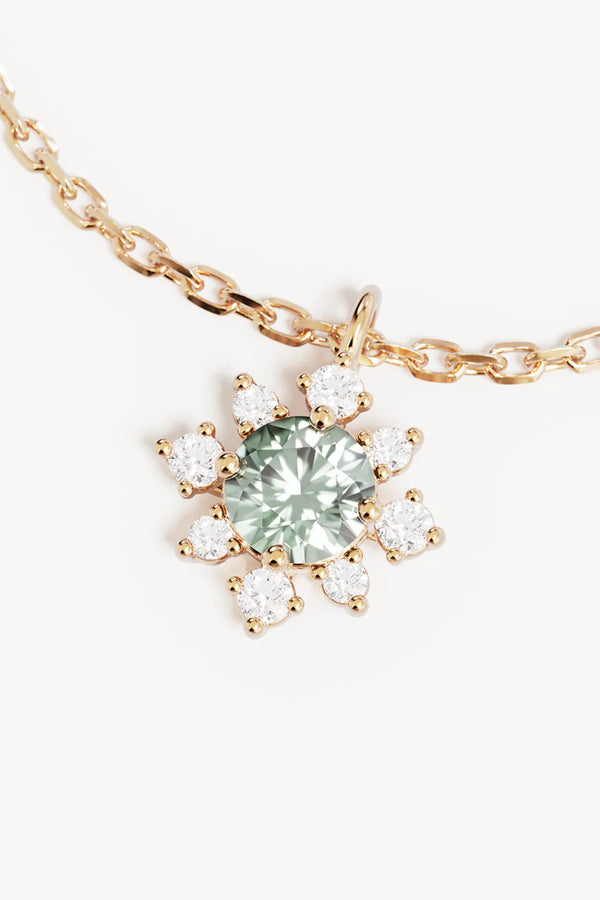 With Grace, I Rise Necklace by By Charlotte – 18k gold vermeil necklace with green tourmaline floral pendant and cubic zirconias.