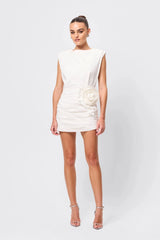 Wrapped In You Mini Dress White by Mossman, ruched mini with shoulder pads and rosette detail, a trendy piece perfect for bold evenings or events.