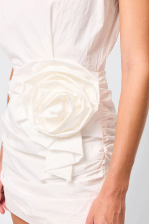 Wrapped In You Mini Dress White by Mossman, ruched mini with shoulder pads and rosette detail, a trendy piece perfect for bold evenings or events.