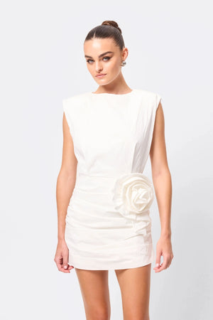 Wrapped In You Mini Dress White by Mossman, ruched mini with shoulder pads and rosette detail, a trendy piece perfect for bold evenings or events.