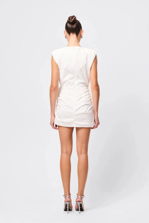 Wrapped In You Mini Dress White by Mossman, ruched mini with shoulder pads and rosette detail, a trendy piece perfect for bold evenings or events.