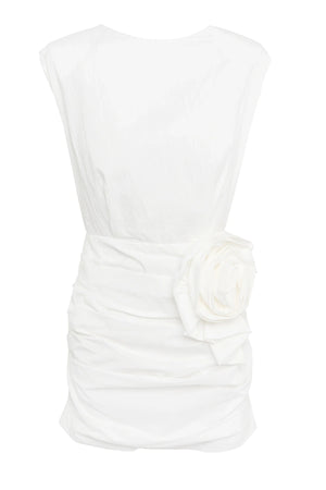 Wrapped In You Mini Dress White by Mossman, ruched mini with shoulder pads and rosette detail, a trendy piece perfect for bold evenings or events.
