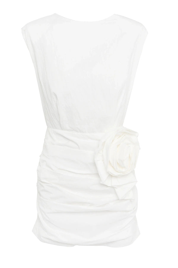 Wrapped In You Mini Dress White by Mossman, ruched mini with shoulder pads and rosette detail, a trendy piece perfect for bold evenings or events.