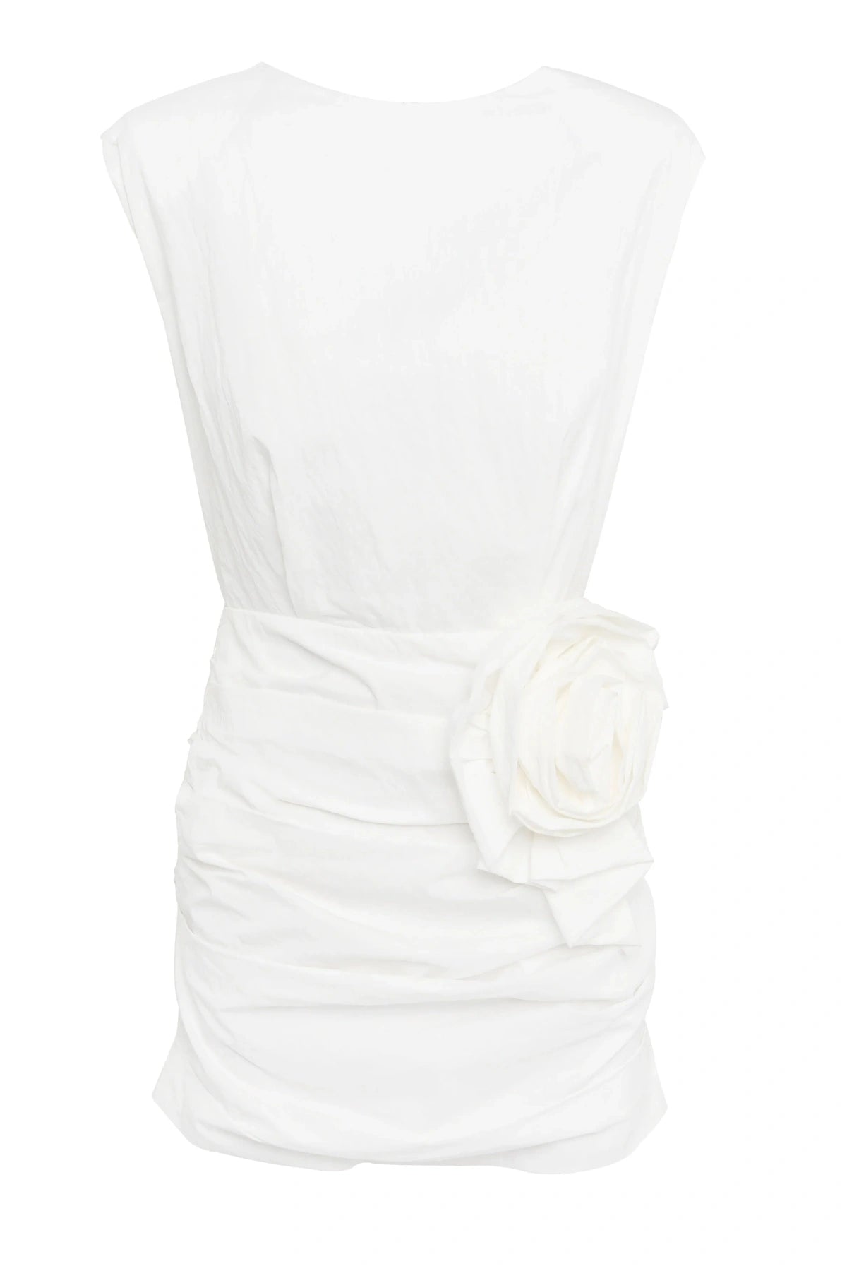 Wrapped In You Mini Dress White by Mossman, ruched mini with shoulder pads and rosette detail, a trendy piece perfect for bold evenings or events.