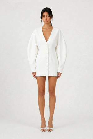 Wren Blazer Dress White by Benni – a tailored blazer mini dress with batwing sleeves. Perfect for event styling.