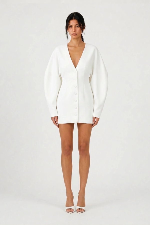 Wren Blazer Dress White by Benni – a tailored blazer mini dress with batwing sleeves. Perfect for event styling.
