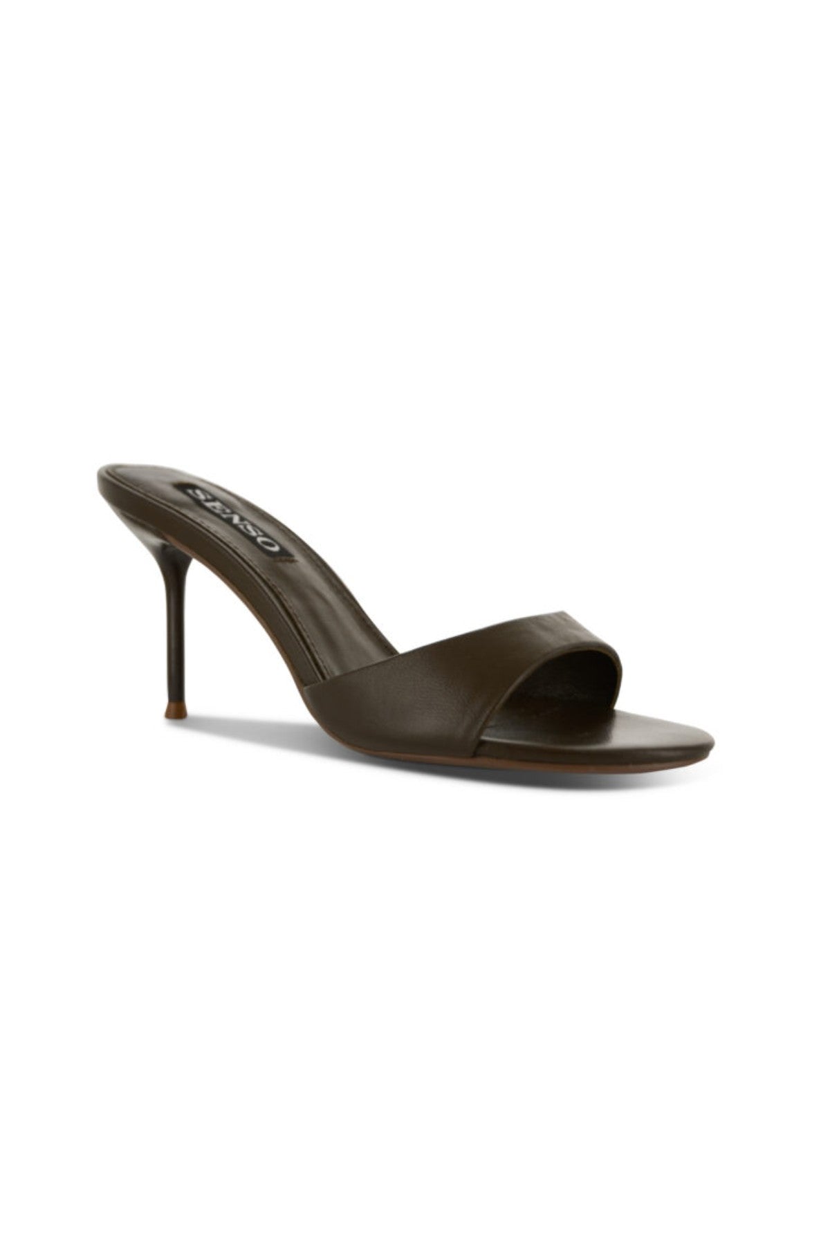 Wren III Heels by Senso – espresso kid leather slip-on heels with a rounded toe and 80mm heel, perfect for polished day-to-night outfits.